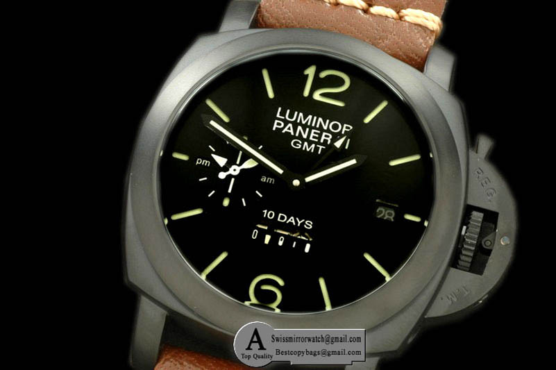 Panerai Pam 335 Luminor Marina 44mm 10 Days GMT PVD Leather Black Asian 23J Replica Watches