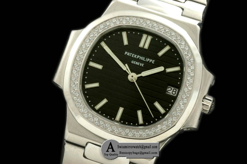 Patek Philippe Nautilis Mid SS/Diamond Black/Sticks Asian 2824-2 Replica Watches