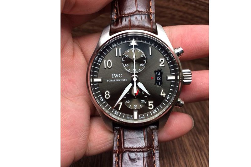 IWC Pilot Chrono SS 3878 Gray Dial on Brown Leather Strap A7750