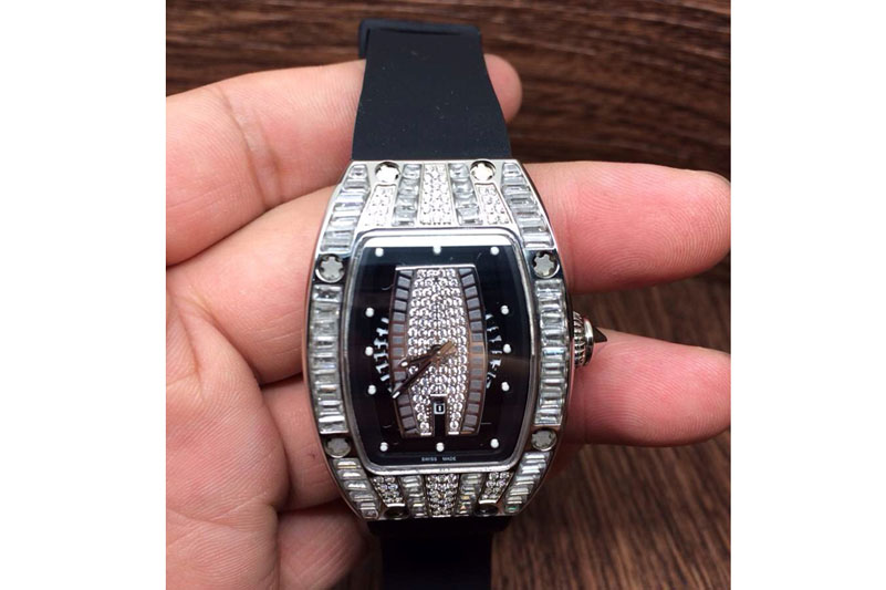 Richard Mille RM 007 Lady SS Full Paved Crystal Case Diamonds Dial on Black Rubber Strap 6T51