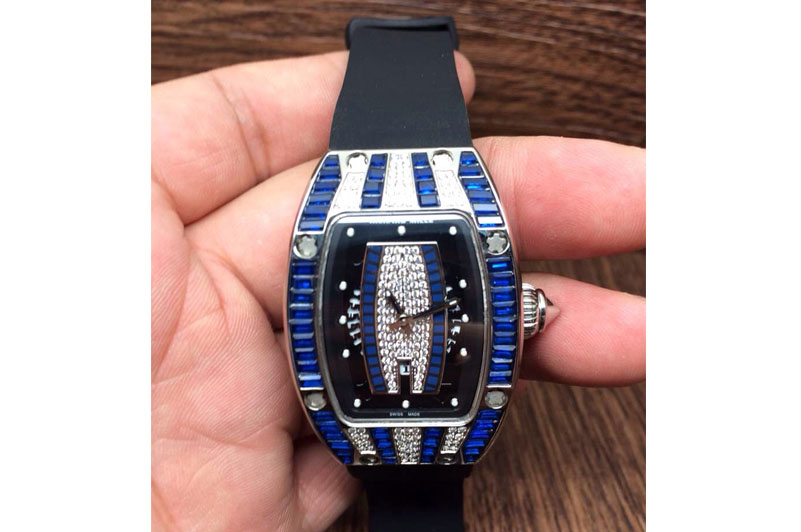 Richard Mille RM 007 Lady SS Full Paved Blue Crystal Case Diamonds Dial on Black Rubber Strap 6T51