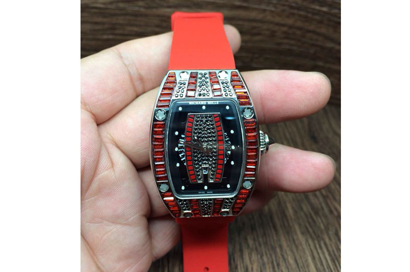 Richard Mille RM 007 Lady SS Full Paved Red Crystal Case Diamonds Dial on Red Rubber Strap 6T51