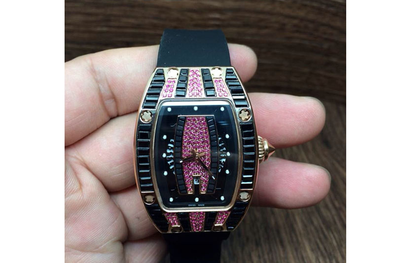 Richard Mille RM 007 Lady RG Full Paved Black Crystal Case Diamonds Dial on Black Rubber Strap 6T51