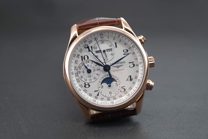 Longines Master Moonphase Chrono RG White Textured Dial on Brown Leather Strap A7751