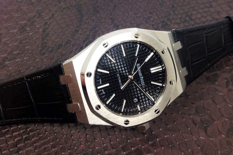 Audemars Piguet Royal Oak 41mm 15400 1:1 Best Edition Black Dial on Black Leather Strap MIYOTA9015