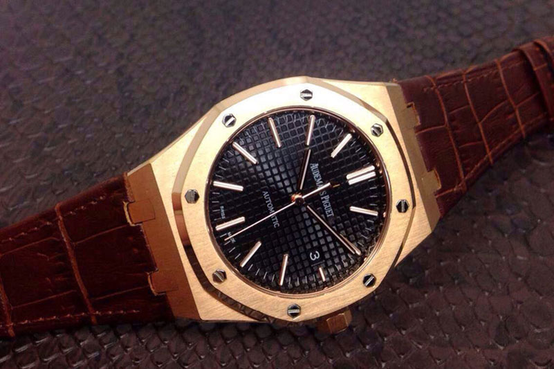 Audemars Piguet Royal Oak 41mm 15400 1:1 Best Edition RG Black Dial on Black Leather Strap MIYOTA9015