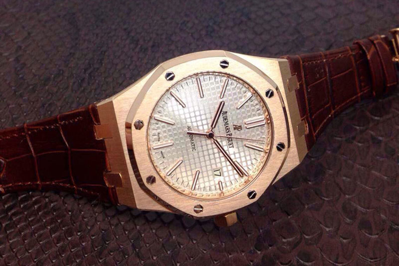 Audemars Piguet Royal Oak 41mm 15400 1:1 Best Edition RG Silver Dial on Black Leather Strap MIYOTA9015
