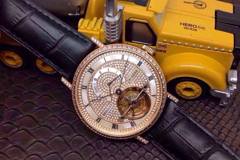 Breguet Jubilee Tourbillon 5 Days RG Full Paved Diamonds Dial on Brown Leather Strap