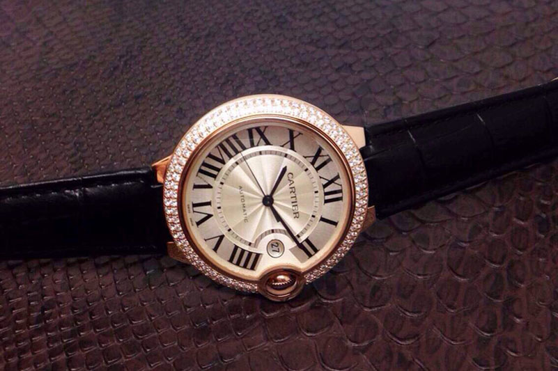 Cartier Ballon Bleu 36mm RG White Dial on Black Leather Strap Swiss ETA2688