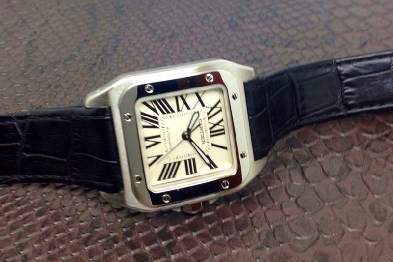 Cartier Santos 100 Midsize SS White Dial on Black Leather Strap ETA2688