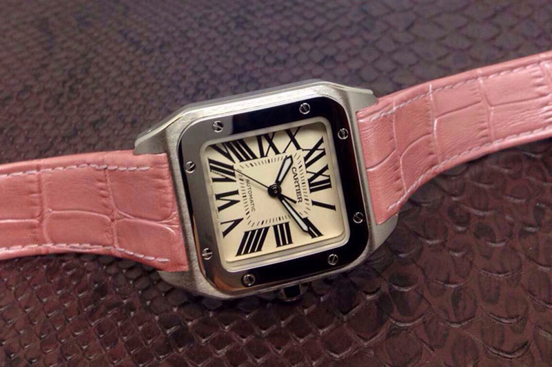 Cartier Santos 100 Midsize SS White Dial on Pink Leather Strap ETA2688