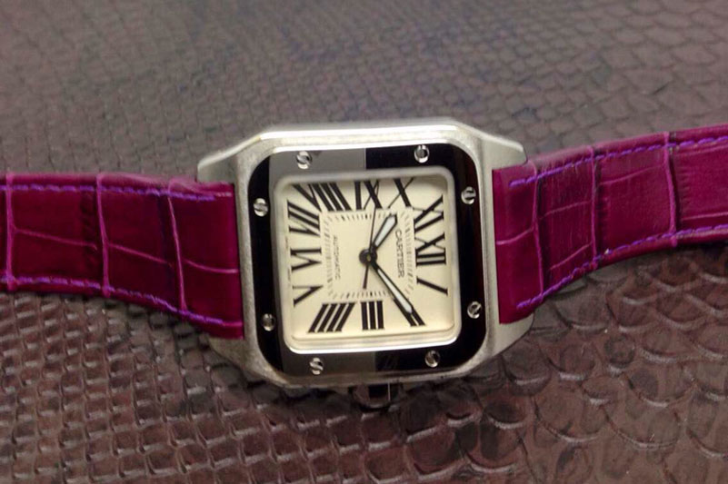 Cartier Santos 100 Midsize SS White Dial on Purple Leather Strap ETA2688