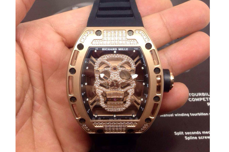 Richard Mille RM 052 Skull Watch RG Full Paved Diamonds Skull Dial on Black Rubber Strap 6T51