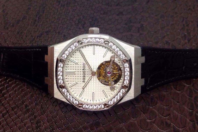 Audemars Piguet Royal Oak 41mm Tourbillon SS Silver Dial Diamonds Bezel on Black Leather Strap