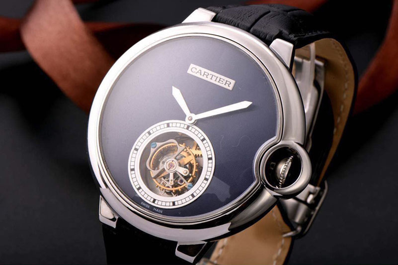 Cartier Ballon Bleu Tourbillon SS Blue Textured Dial on Black Leather Strap