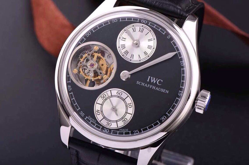 IWC Portuguese Flying Tourbillon SS Black Dial 2 Sub Dials on Black Leather Strap