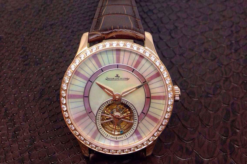 Master Tourbillon RG Diamonds Bezel White MOP Dial on Black Leather Strap