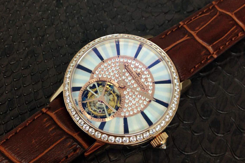Jaeger-LeCoultre Master Tourbillon RG Diamonds Bezel White MOP Dial on Black Leather Strap