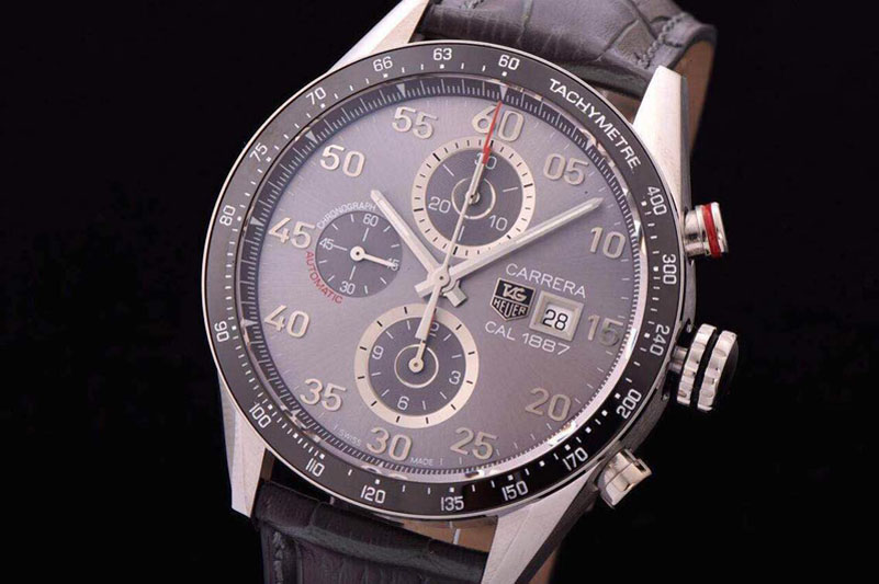 Tag Heuer Carrera Calibre 1887 SS V6F 1:1 Best Edition Ceramic Bezel Gray Dial on Gray Leather Strap CAL1887
