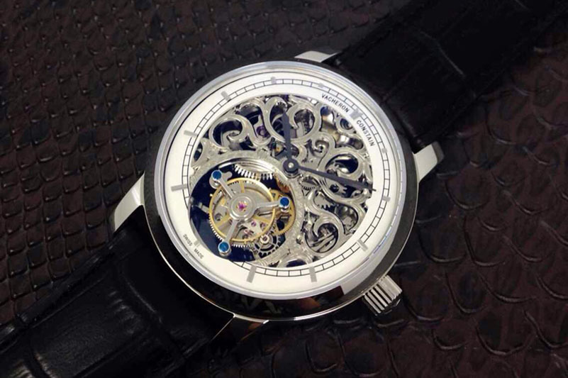 Vacheron Constantin Patrimony Tourbillon SS White Skeleton Dial on Black Leather Strap