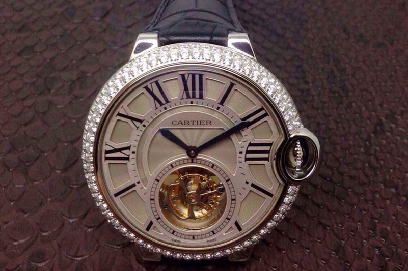 Cartier Ballon Bleu Tourbillon SS Cream Dial Diamond Bezel on Black Leather Strap