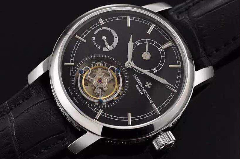 Vacheron Constantin The Patrimony Tourbillon SS Power Reserve TF Best Edition Black Dial on Black Croco Leather Strap