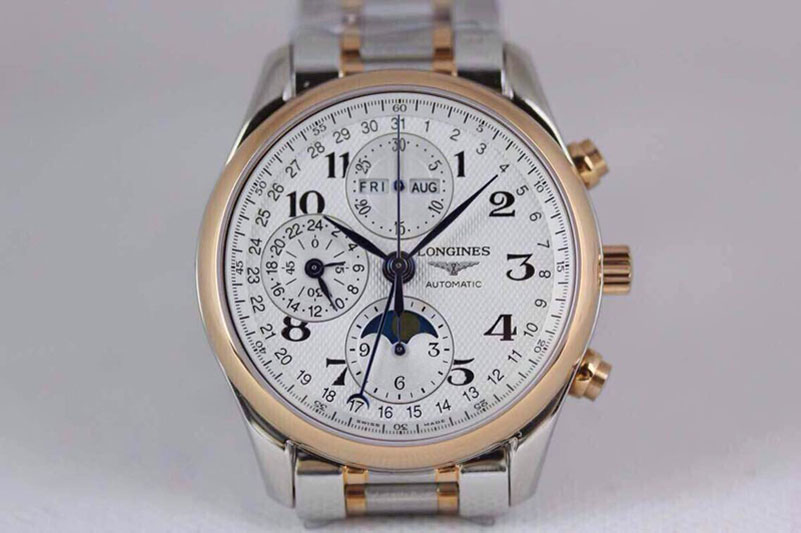 Longines Master Moonphase Chrono RG/SS White Textured Dial on SS/RG Bracelet A7751