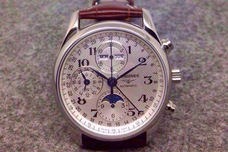 Longines Master Moonphase Chronograph SS White Dial on Brown Leather Strap A7751