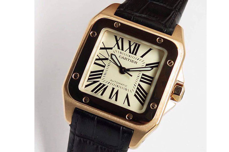 Cartier Cartier Santos 100 Midsize RG White Dial on Black Leather Strap Swiss2671