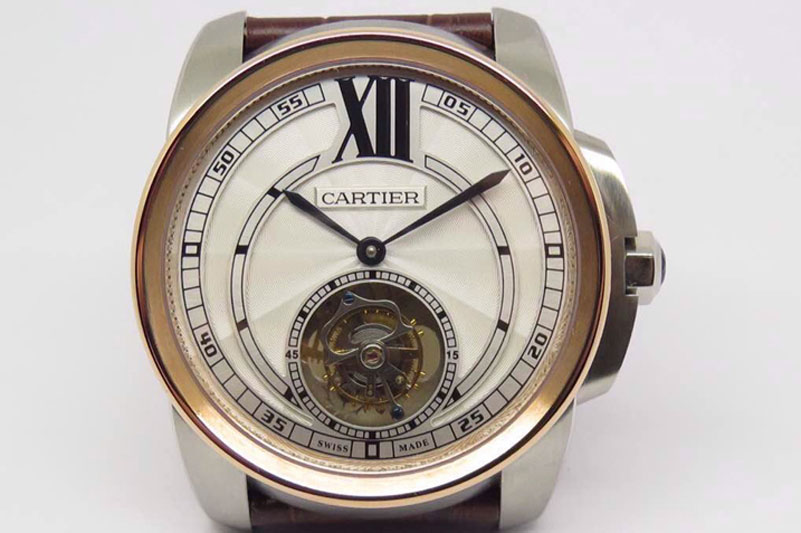 Calibre de Cartier SS Tourbillon White Dial RG Bezel on Brown Leather Strap