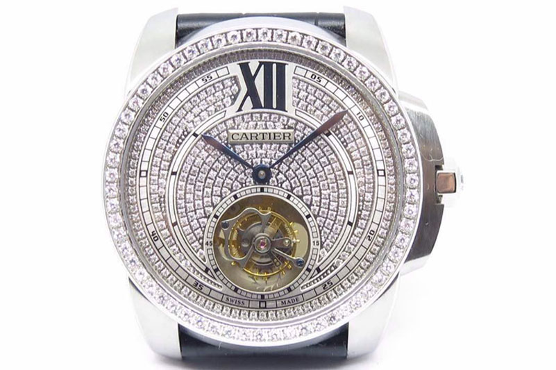 Calibre de Cartier SS Tourbillon Diamonds Dial Diamonds Bezel on Black Leather Strap