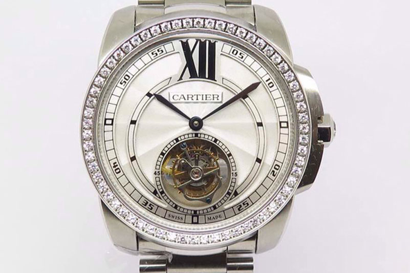 Calibre de Cartier SS Tourbillon White Dial Diamonds Bezel on Steel Strap