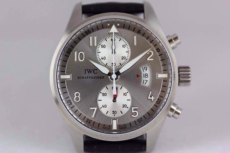 IWC Pilot Chrono SS 3878 Gray Dial White Sub Dials on Brown Leather Strap A7750