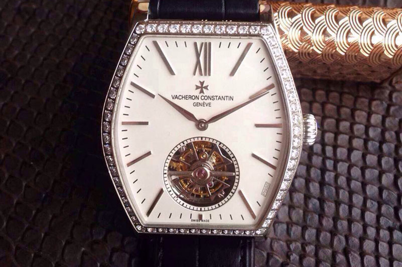 Vacheron Constantin Malte Tourbillon SS White Dial Diamonds Bezel on Black Croco Leather Strap