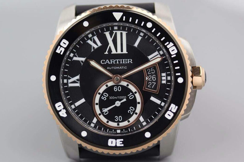 Cartier Calibre de Cartier Diver TF 1:1 Best Edition SS/RG Black Dial on Black Rubber Strap MIYOTA Movement