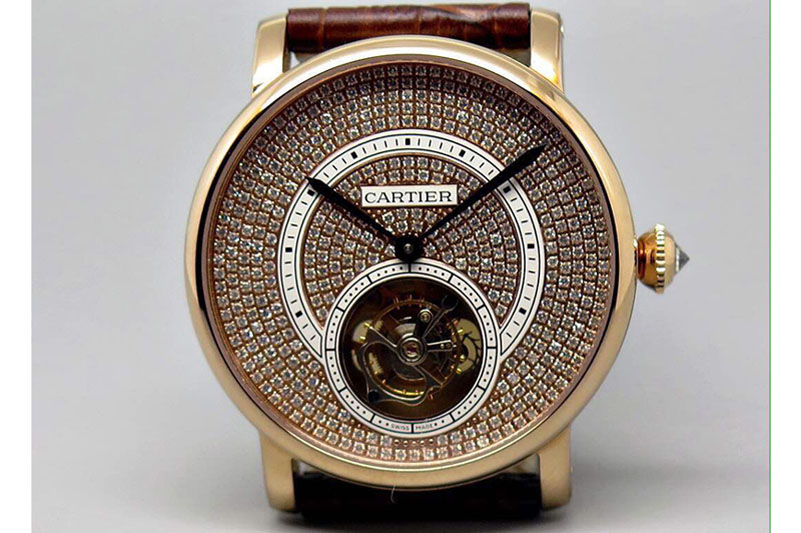Cartier Ronde Louis Tourbillon RG Full Pave Diamonds Dial on Brown Leather Strap