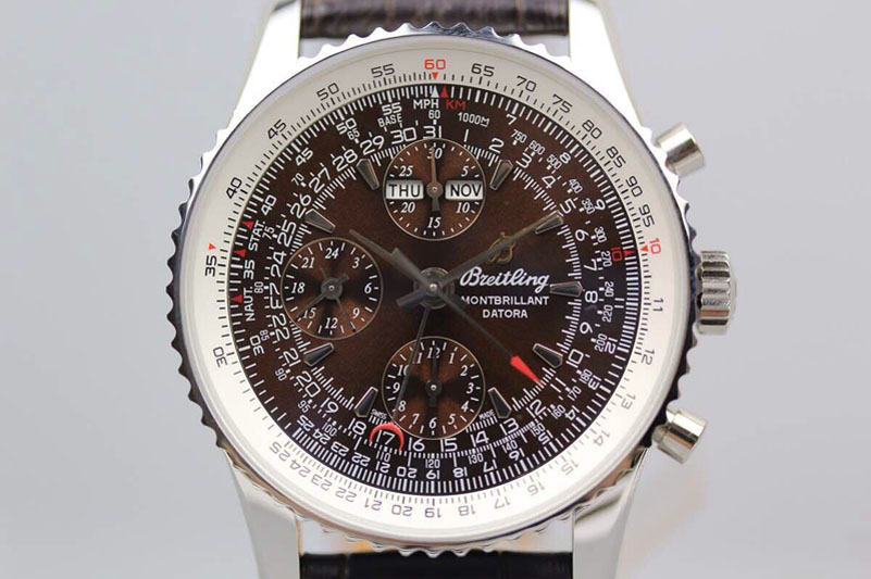 Breitling Datora Montbrillant Chrono SS JF 1:1 Best Edition Brown Dial on Brown Leather Strap A7751
