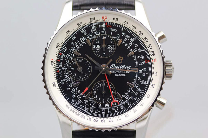 Breitling Datora Montbrillant Chrono SS JF 1:1 Best Edition Black Dial on Black Leather Strap A7751