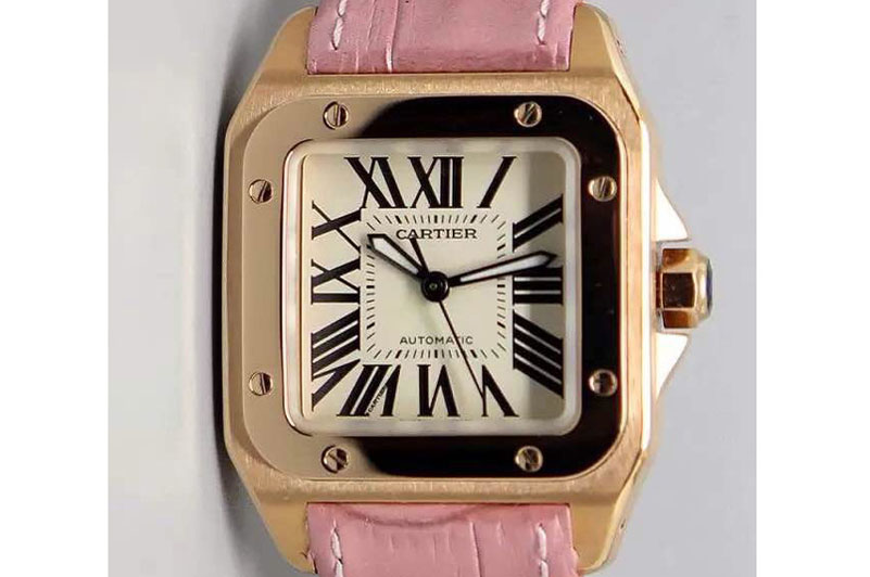 Cartier Santos 100 Midsize RG White Dial on Pink Leather Strap Swiss2671