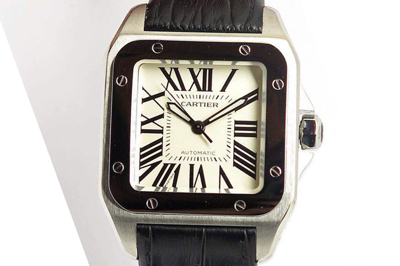 Cartier Cartier Santos 100 Mens size SS White Dial on Black Leather Strap ETA2824