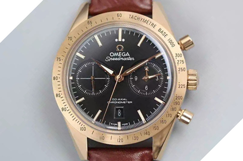 Omega Speedmaster ’57 SS Chrono AXF Best Edition RG Bezel Black Dial on Brown Leather Strap A7750