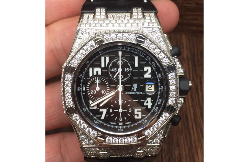 Audemars Piguet Royal Oak Offshore Black Theme Noob 1:1 Best Edition Full Paved Diamonds on Black Leather Strap A7750