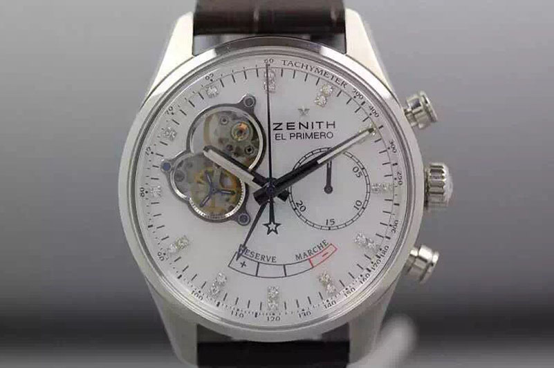 Zenith El Primero SS AXF Silver Dial Diamonds Markers on Black Leather Strap Asian Manual Winding Chrono Movement