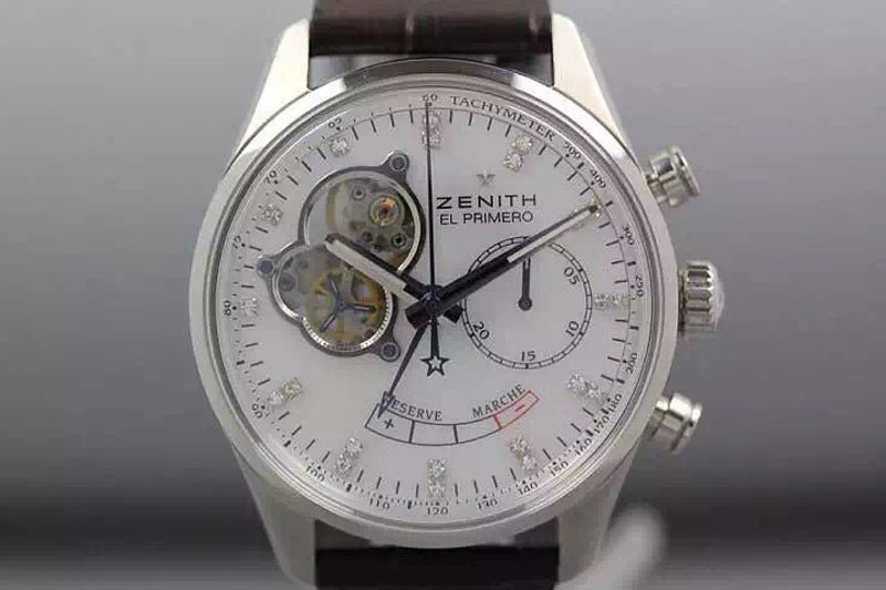 Zenith El Primero SS AXF Silver Dial Diamonds Markers on Black Leather Strap Asian Manual Winding Chrono Movement
