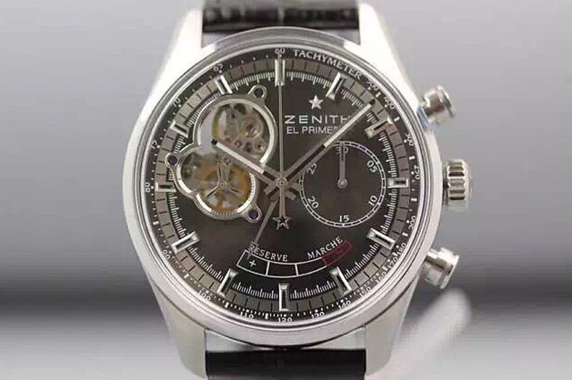 Zenith El Primero SS AXF Black Dial on Black Leather Strap Asian Manual Winding Chronograph Movement