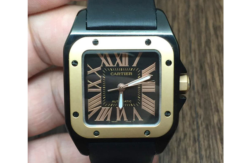 Cartier Santos 100 33mm PVD Black Dial Rose Gold Bezel on Black Fabric Strap Swiss2671