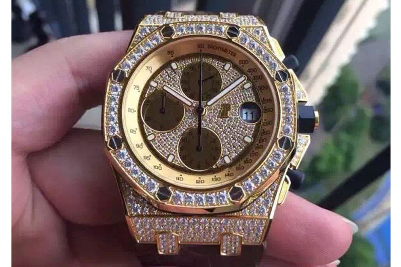 Audemars Piguet Royal Oak Offshore YG Full Paved Diamonds JF Best Edition on Black Leather Strap A7750