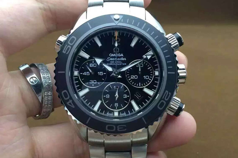 Omega Seamaster Planet Ocean Chrono 45mm SS Black Dial Silver Markers on SS Bracelet A7750