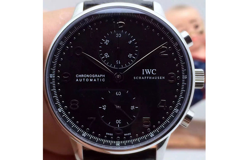 IWC Portuguese Chrono 371417 SS Black Dial on Black Leather Strap A89000