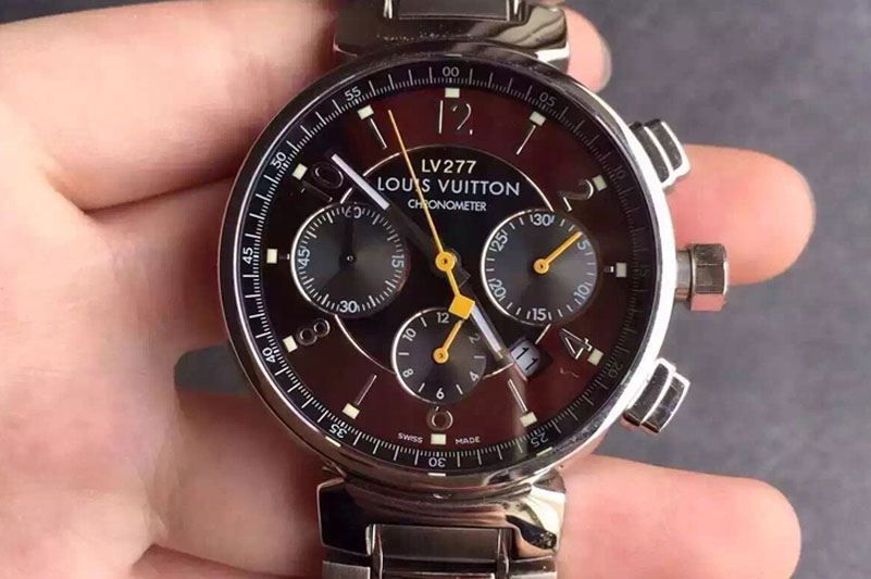 Louis Vuitton Tambour 277 Chronograph SS Brown Asia 7750 28800 bph Replica Watches